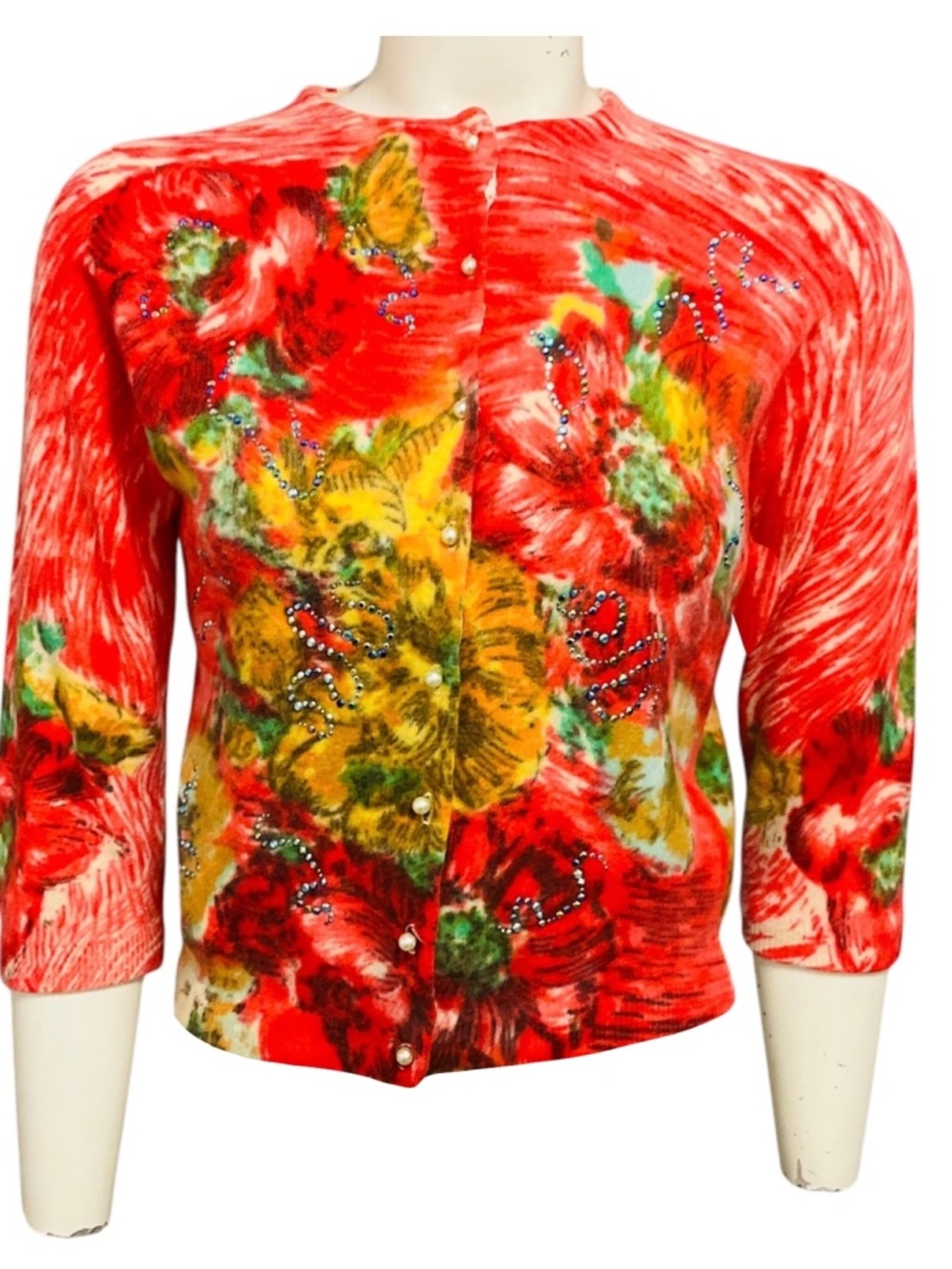 Libertine Coral Multi Embellished Knit Cardigan Sweater with Pearl Buttons